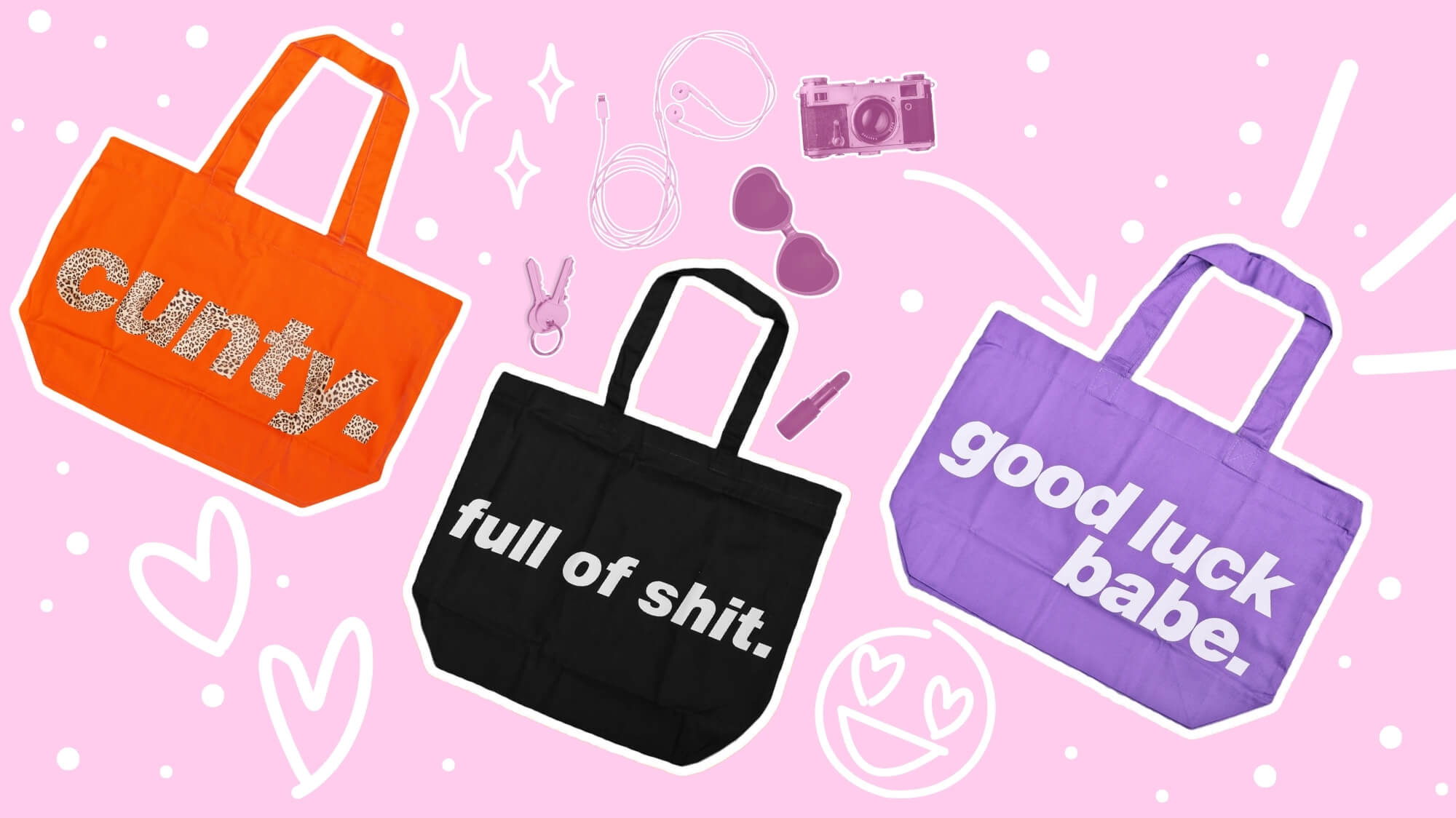 Three tote bags with text on a pink background