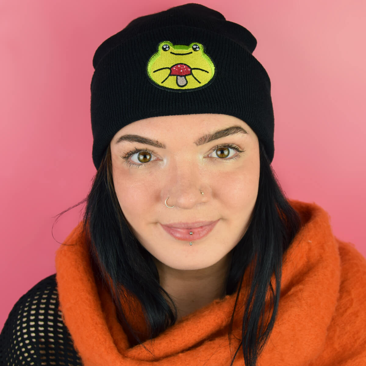 Frog & Mushroom Black Beanie