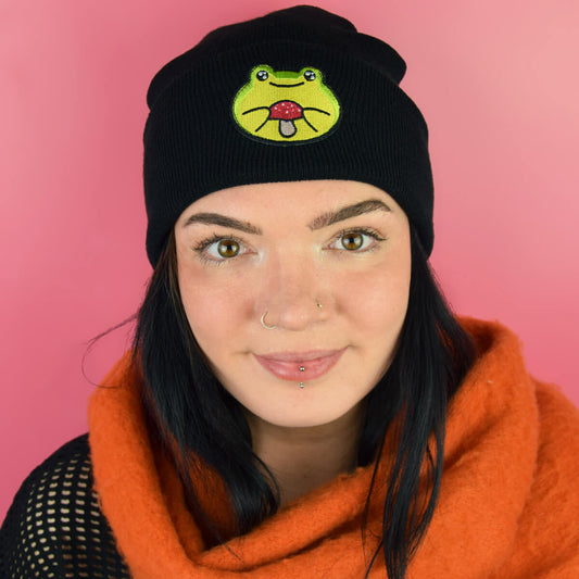 Frog & Mushroom Black Beanie • Luna
