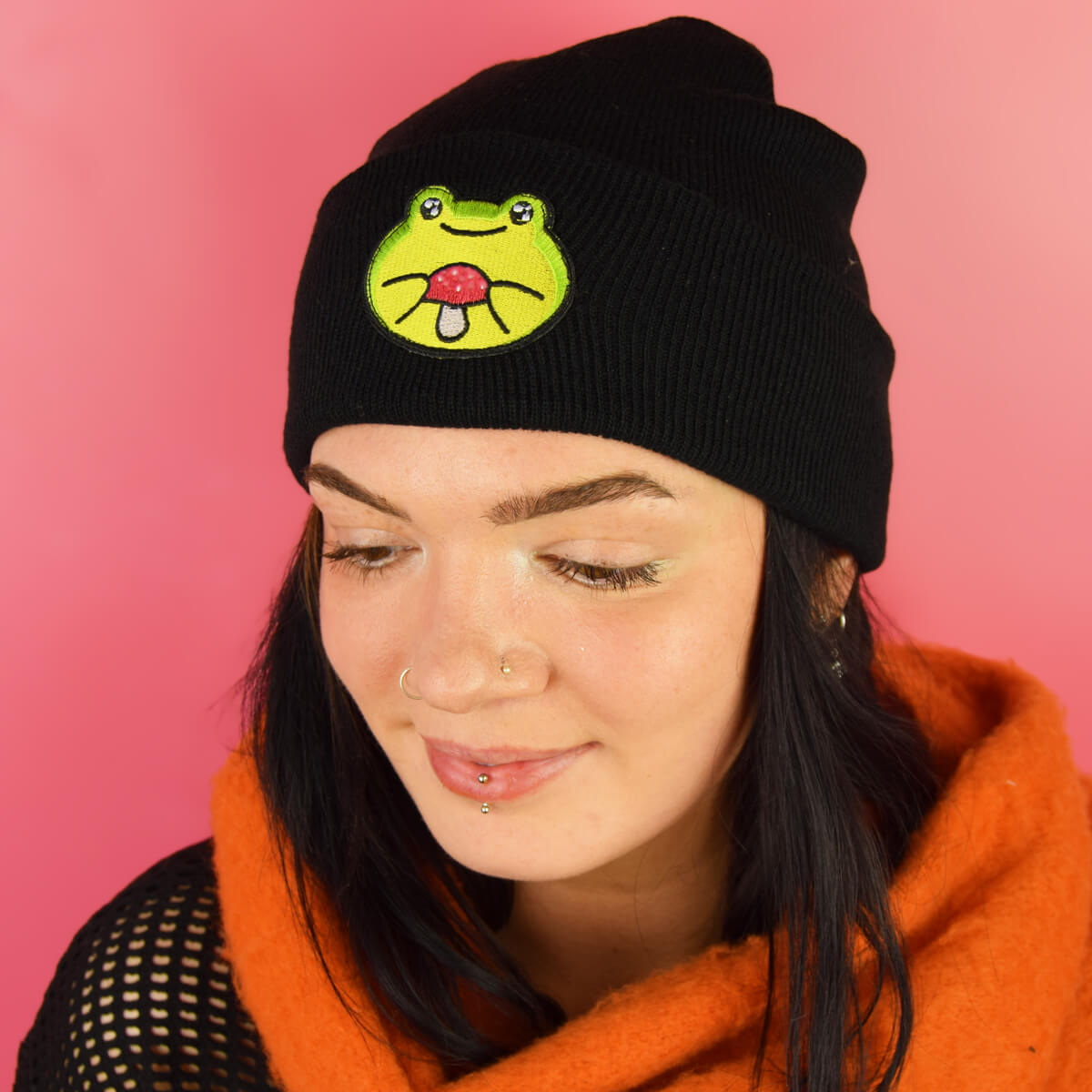Frog & Mushroom Black Beanie