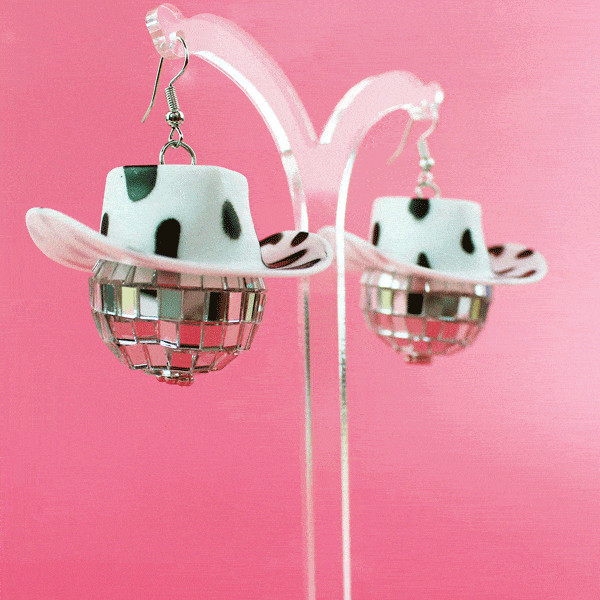 Cow Print Cowboy Hat Disco Ball Earrings | Luna