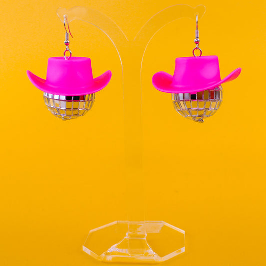 Pink Cowboy Hat Disco Ball Earrings | Luna