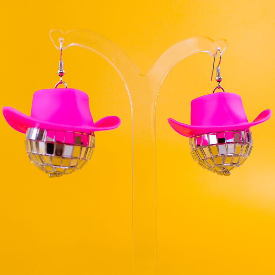 Pink Cowboy Hat Disco Ball Earrings | Luna