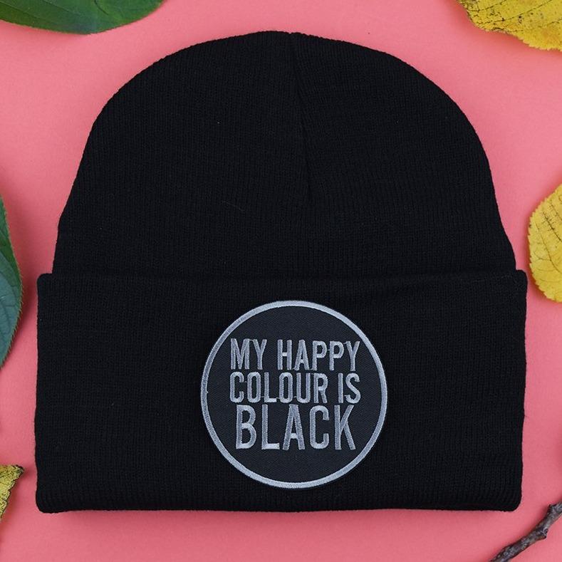My Happy Colour is Black Patch Black Beanie | Luna