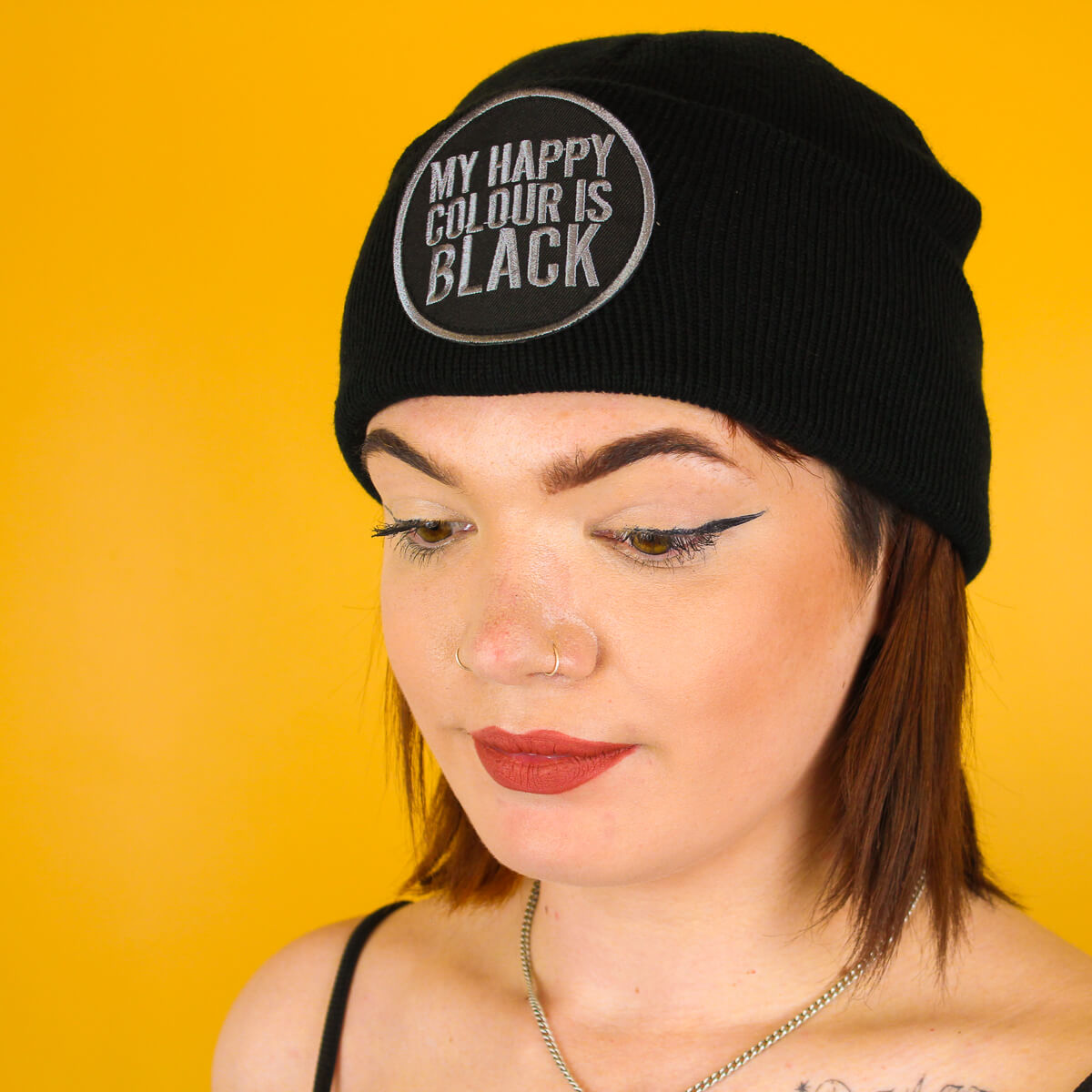 My Happy Colour is Black Patch Black Beanie | Luna